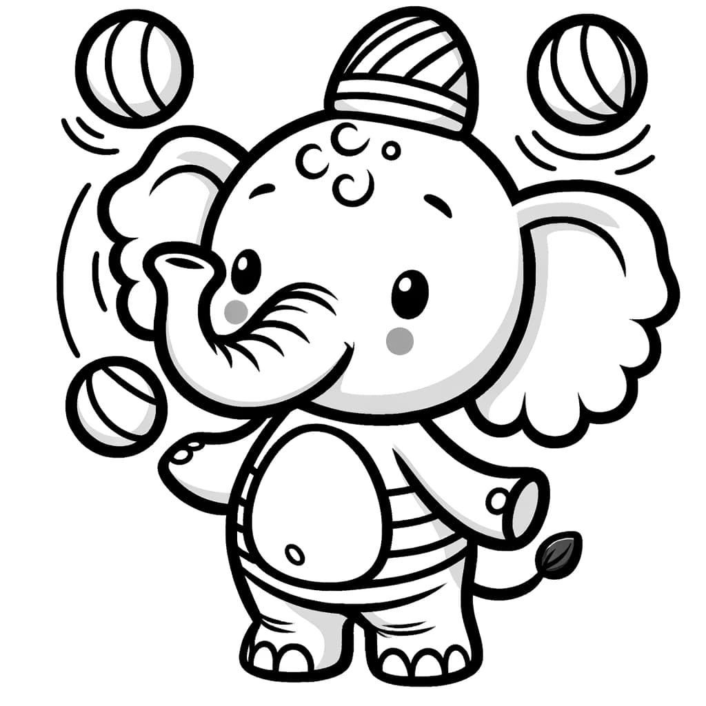 Ausmalbild - Der jonglierende Elefant - Elefant, jonglieren, Bälle, Hut