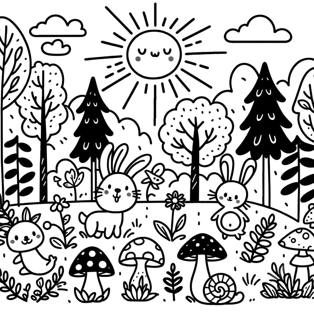 Ausmalbild - Der fröhliche Wald - Wald, Tiere, Bäume, Pilze