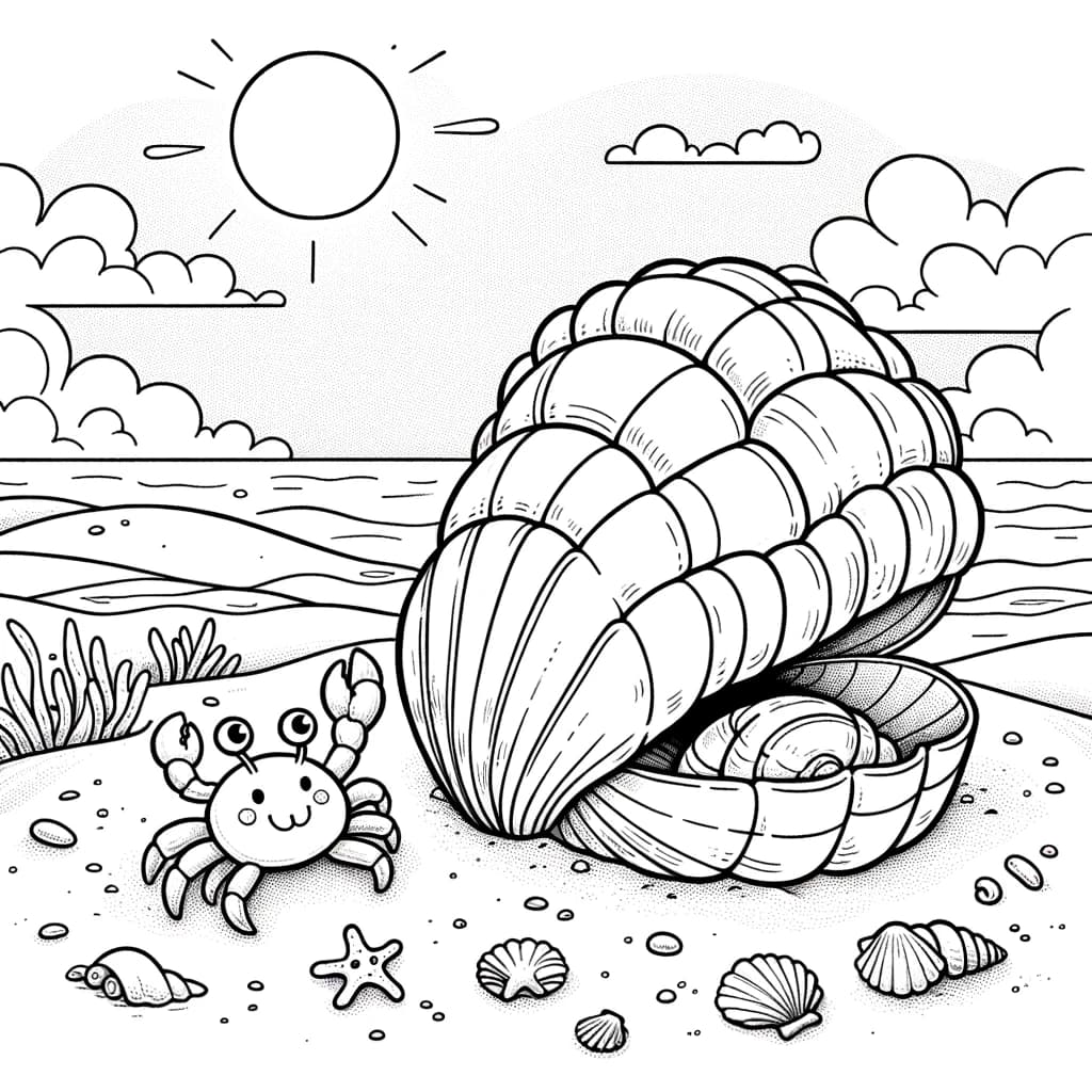 Ausmalbild - Die fröhliche Muschel am Strand - Muschel, Strand, Krabbe, Sanddüne