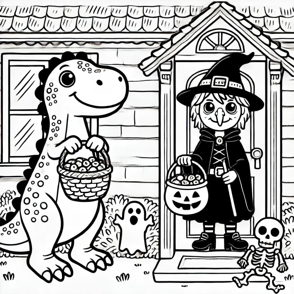 Ausmalbild - Dino an Halloween - Dinosaurier, Hexe, Halloween, Tür