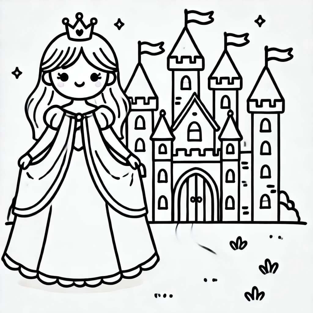 Ausmalbild - Prinzessin vor dem Schloss - Prinzessin, Schloss, Krone, Türme