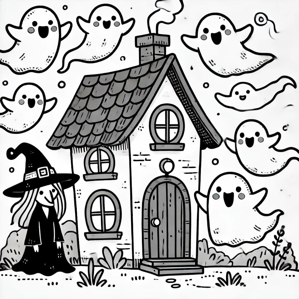 Ausmalbild - Spukhaus mit Hexe und Geistern - Spukhaus, Geister, Hexe, Fenster