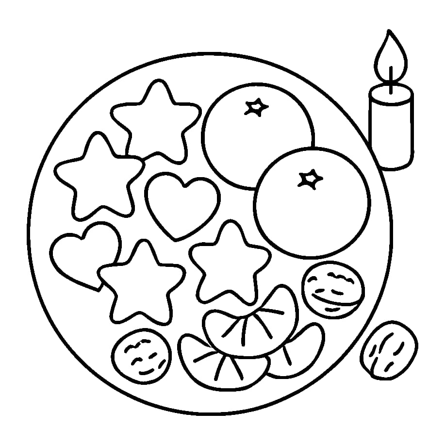 Ausmalbild - Adventsteller mit Plätzchen und Mandarinen - Advent, Plätzchen, Mandarinen, Weihnachten