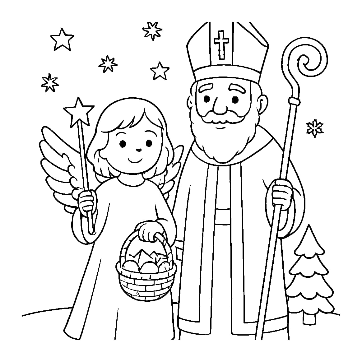 Ausmalbild - Nikolaus und der Engel - Nikolaus, Engel, Winter