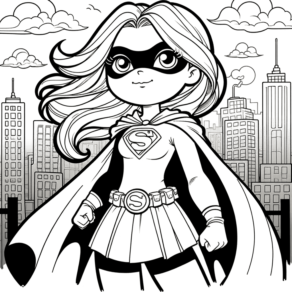 Ausmalbild - Superheldin in der Stadt - Superheldin, Umhang, Kostüm, Hochhäuser