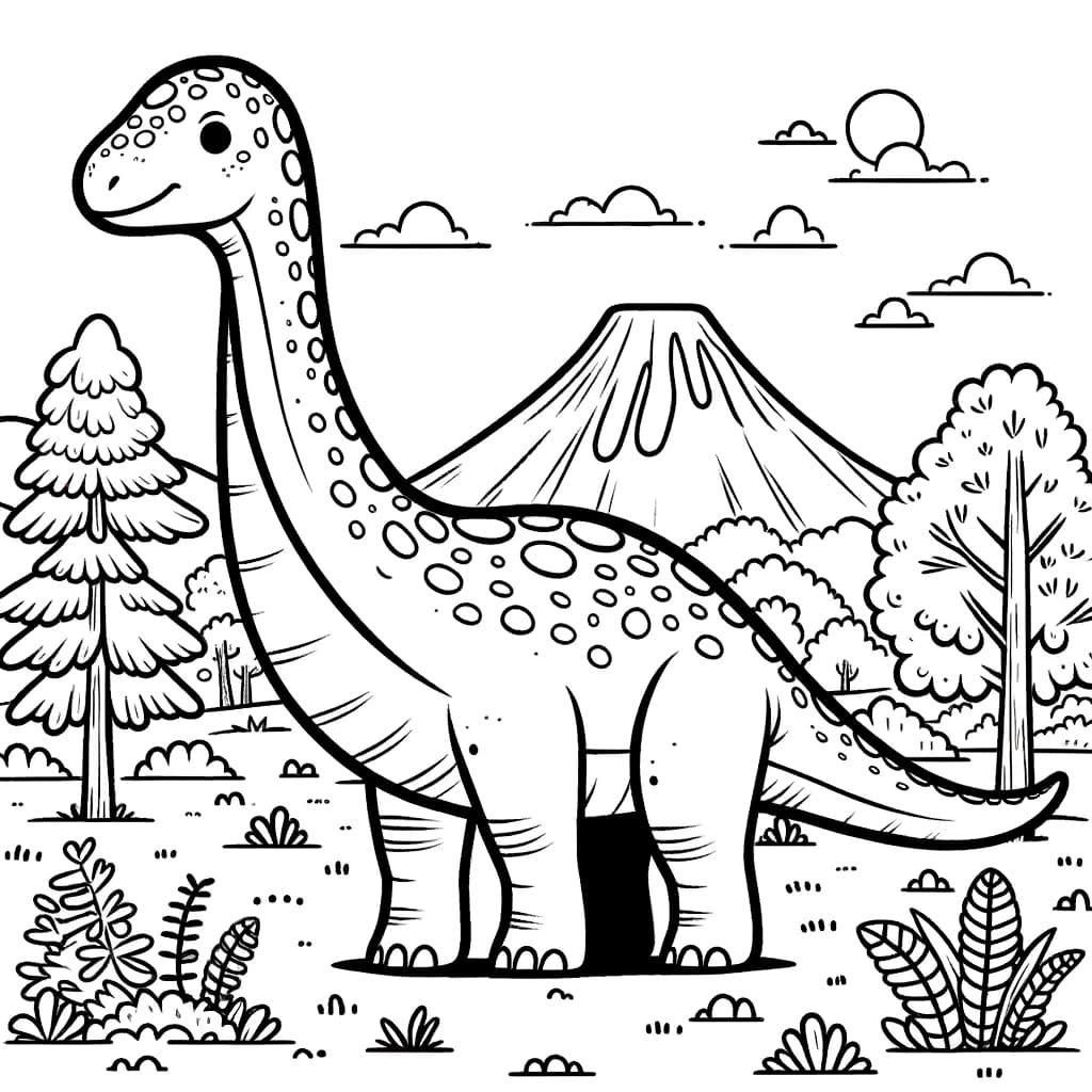 Ausmalbild - Brachiosaurus im Urzeitland - Brachiosaurus, Urzeit, Dinosaurier, Vulkane