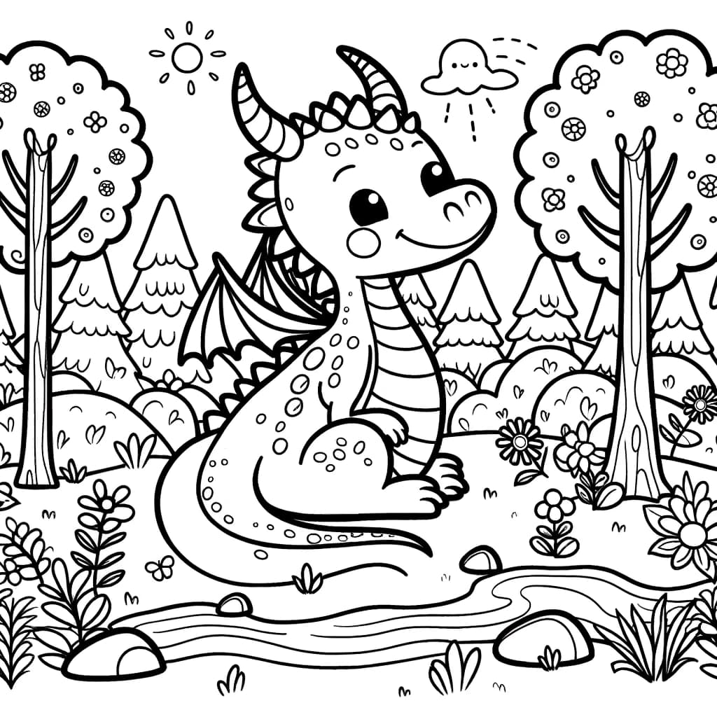 Ausmalbild - Der freundliche Drache im Zauberwald - Drache, Zauberwald, Bäume, Blumen