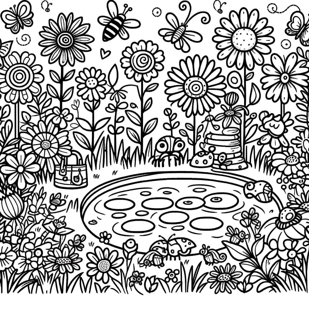Ausmalbild - Märchenhafter Garten - Garten, Blumen, Schmetterlinge, Bienen