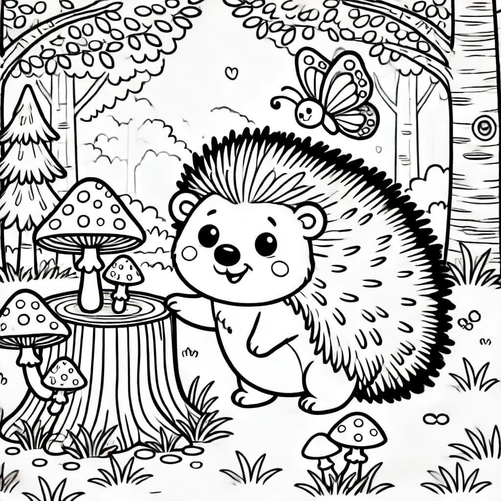 Ausmalbild - Fröhliches Stachelschwein im Wald - Stachelschwein, Wald, Bäume, Schmetterling
