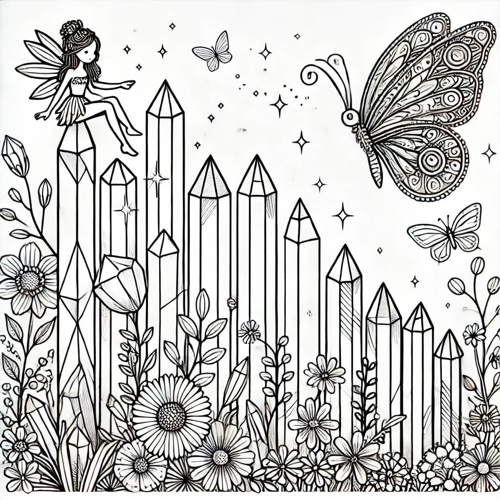 Ausmalbild - Die Kristallpyramide und die Elfe - Kristalle, Elfe, Schmetterlinge, Blumen