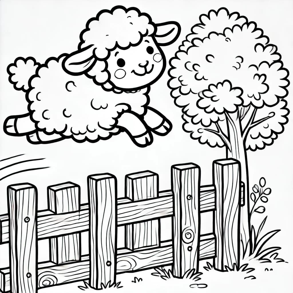 Ausmalbild - Springendes Schaf über einen Holzzaun - Schaf, Holzzaun, springen, Bauernhof