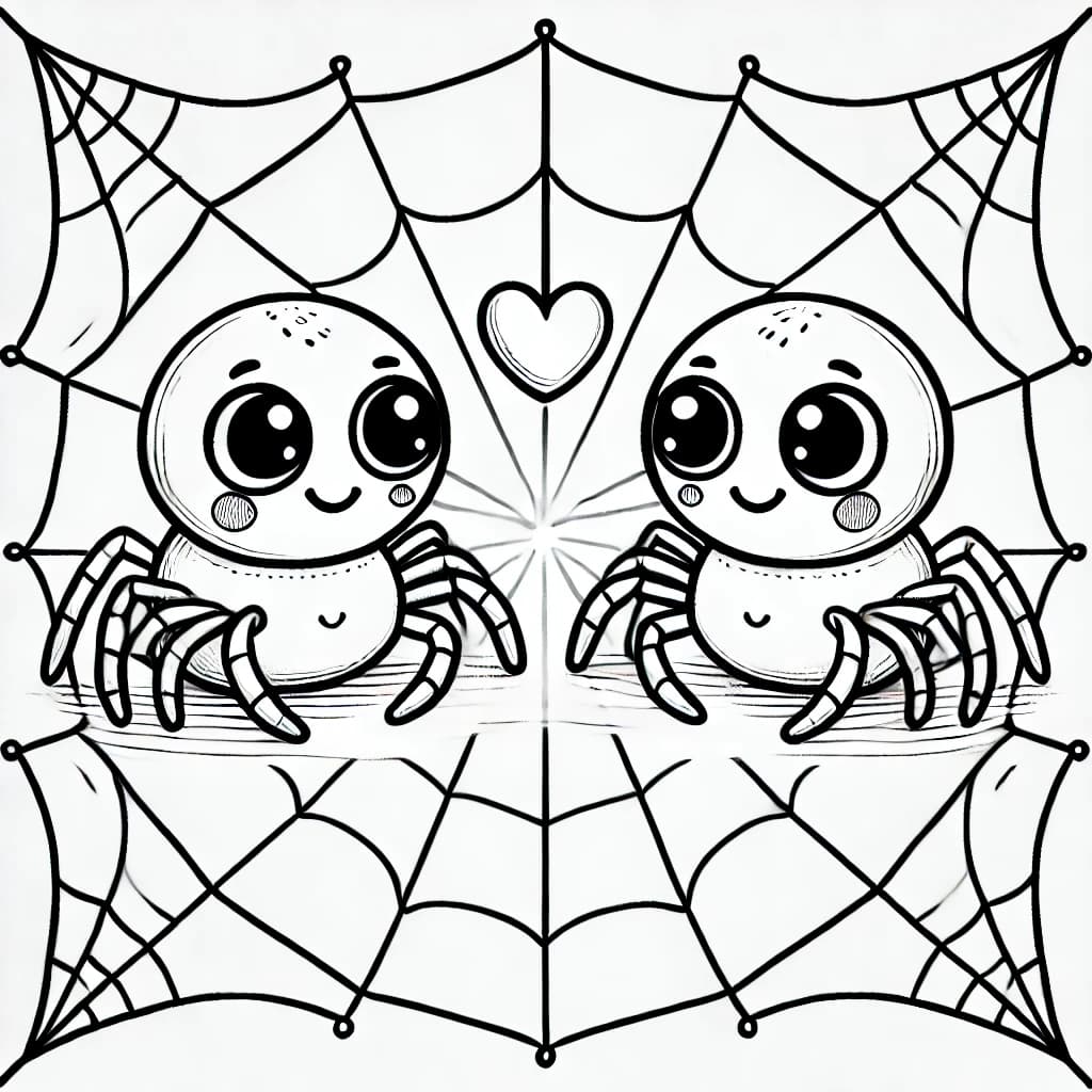 Ausmalbild - Verliebte Spinnen auf ihrem Netz - Spinnen, Liebe, Herz, Netz