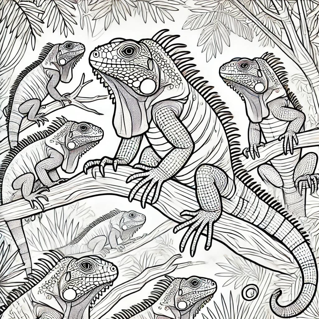 Ausmalbild - Helmleguane im Dschungel - Helmleguan, Echsen, Reptilien, Dschungel
