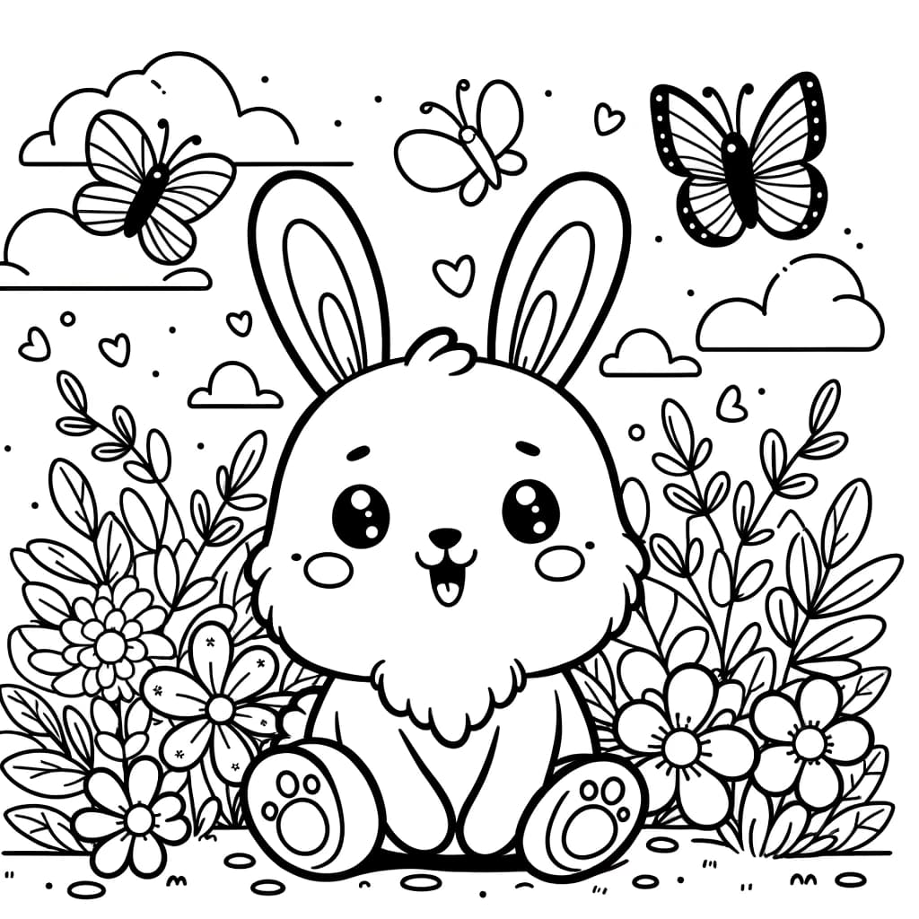 Ausmalbild - Fröhlicher Hase im Garten - Hase, Garten, Blumen, Schmetterlinge