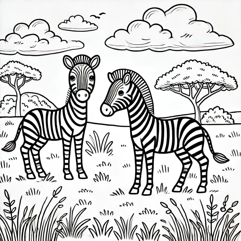 Ausmalbild - Zwei Zebras in der Savanne - Zebra, Savanne, Tiere, Natur