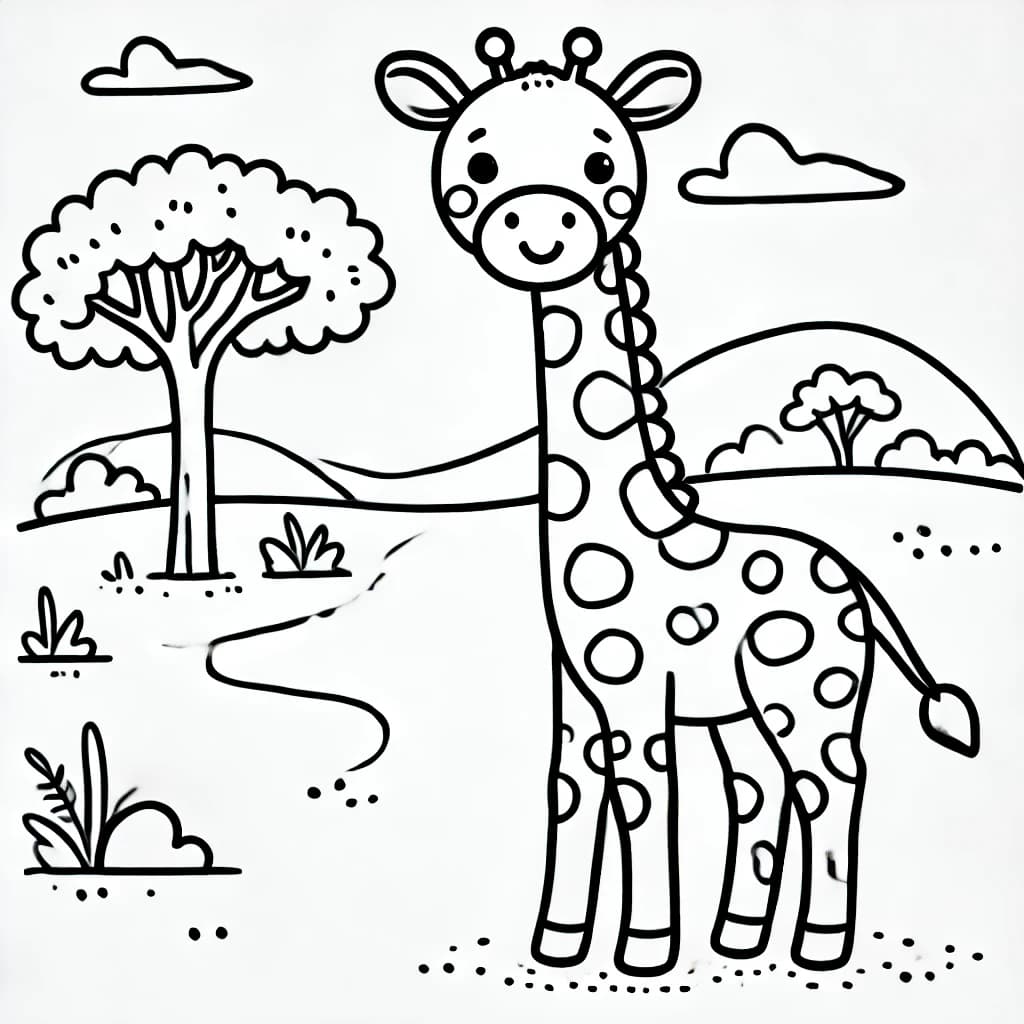 Ausmalbild - Freundliche Giraffe - Giraffe, Savanne, Tiere