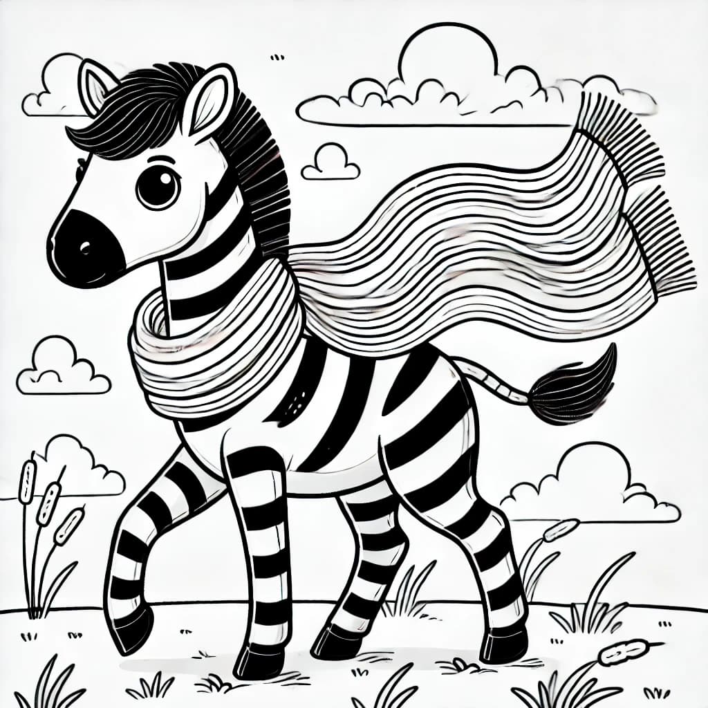 Ausmalbild - Zebra mit Regenbogen-Schal - Zebra, Schal, Wiese, Tiere