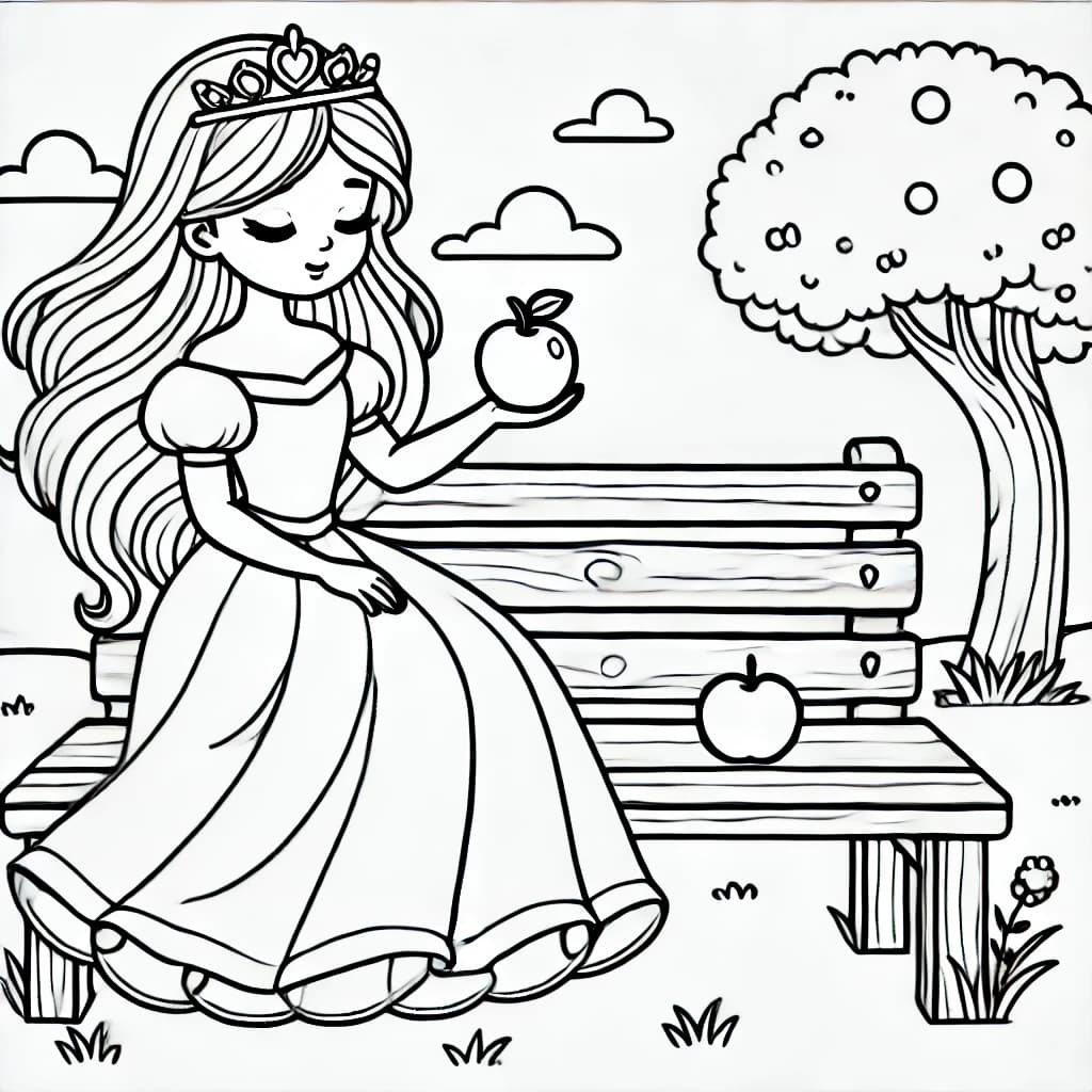 Ausmalbild - Prinzessin mit Apfel auf der Bank - Prinzessin, Bank, Apfel, Krone