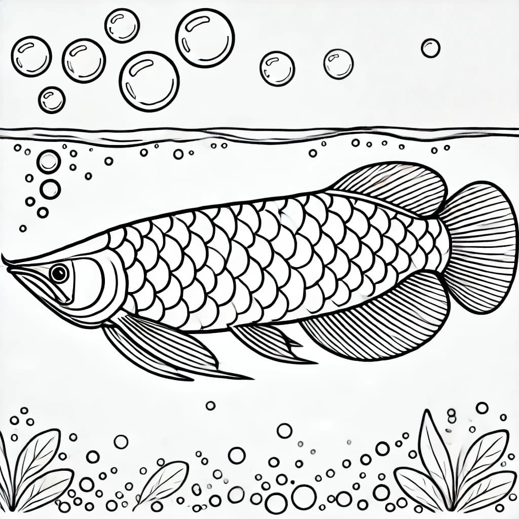Ausmalbild - Arowana im Wasser - Fisch, Arowana, Wasser, Blasen