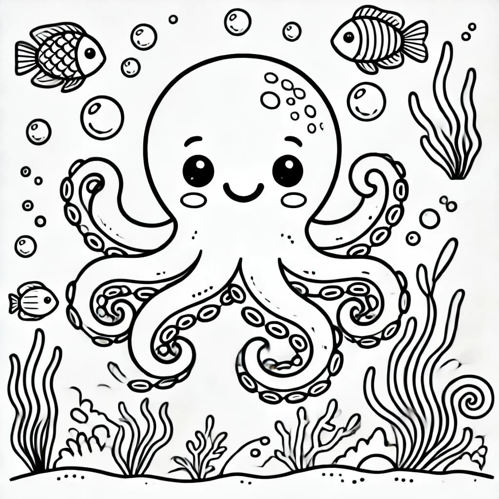 Ausmalbild - Fröhlicher Oktopus unter dem Meer - Oktopus, Meer, Unterwasser, Fische