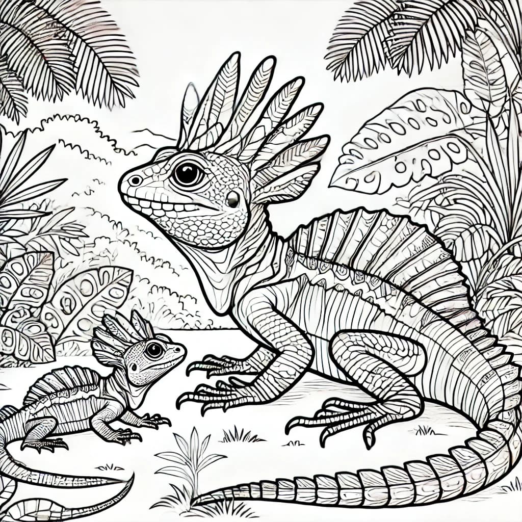 Ausmalbild - Familie Basilisk im Dschungel - Basilisk, Echse, Dschungel, Tiere