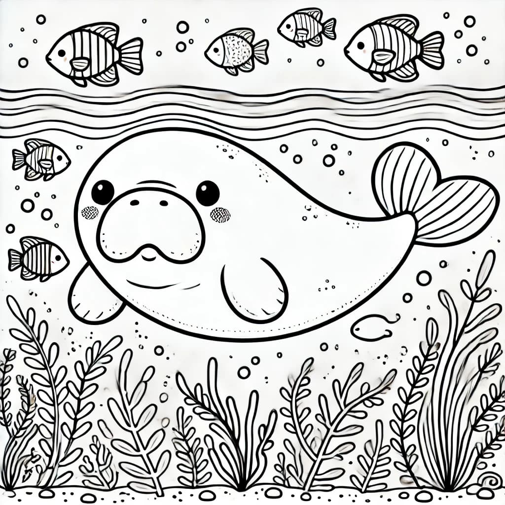 Ausmalbild - Freundlicher Dugong im Meer - Dugong, Meer, Fische, Unterwasser