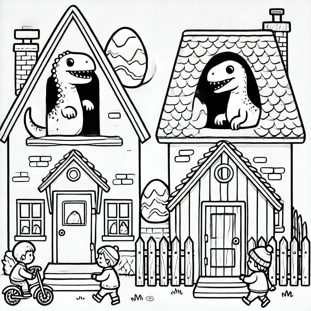 Ausmalbild - Dinosaurier-Überraschung in den Häusern - Dinosaurier, Häuser, Kinder, Ei