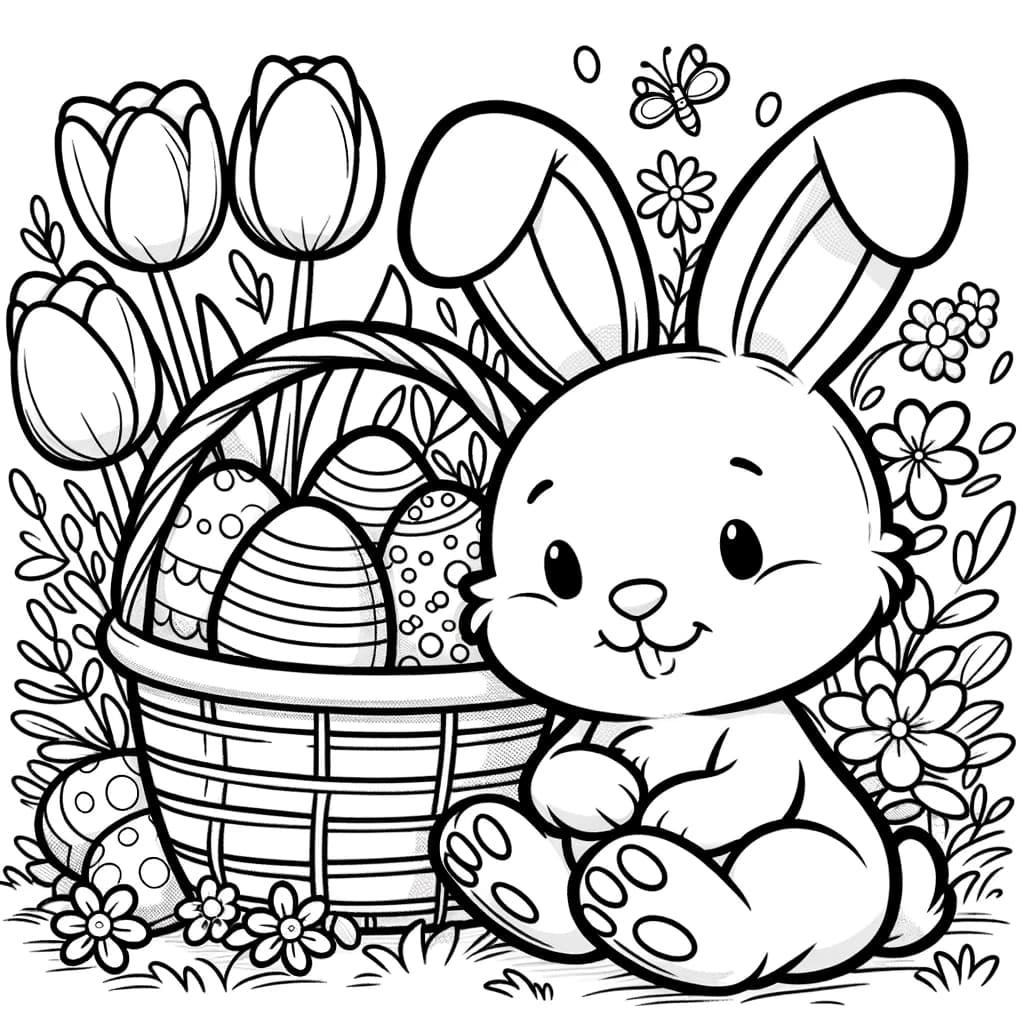 Ausmalbild - Osterhasen Garten - Osterhase, Ostereier, Garten, Blumen