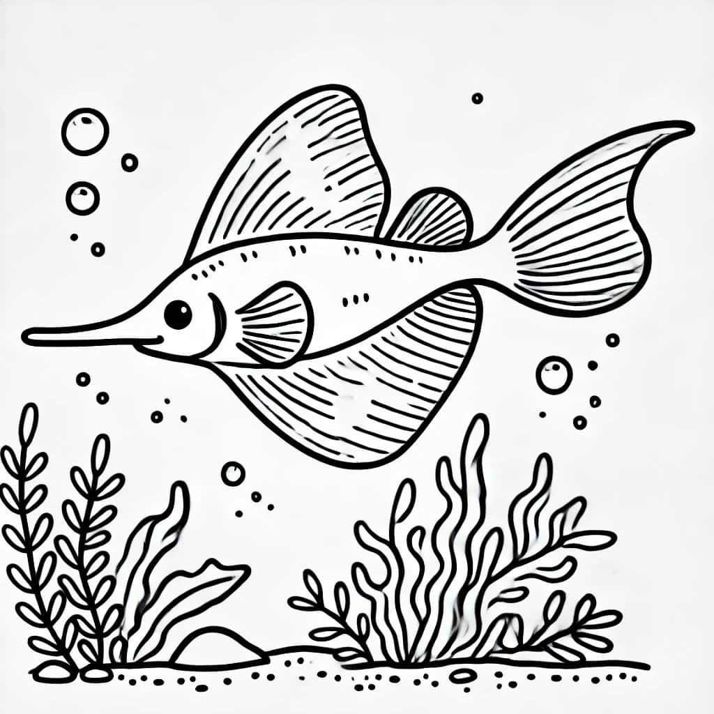 Ausmalbild - Geistermesserfisch im Wasser - Fische, Unterwasser, Geistermesserfisch, Meer