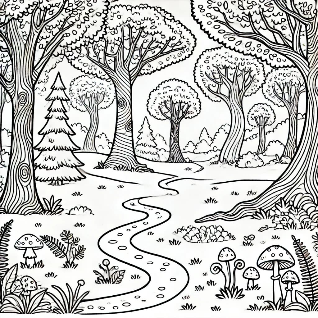 Ausmalbild - Der verwunschene Waldpfad - Wald, Pfad, Bäume, Märchen