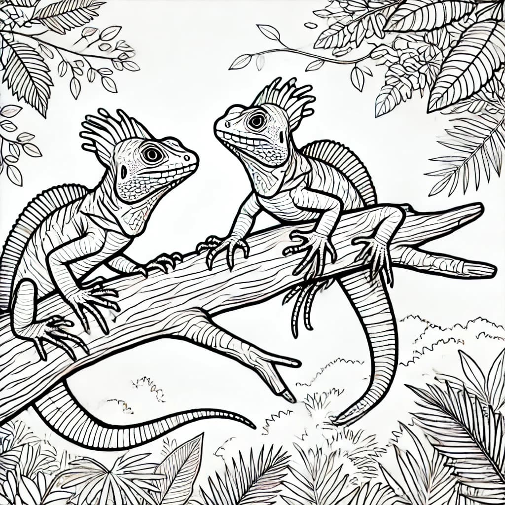 Ausmalbild - Zwei Stirnlappenbasilisken auf einem Ast - Basilisk, Eidechse, Reptilien, Dschungel