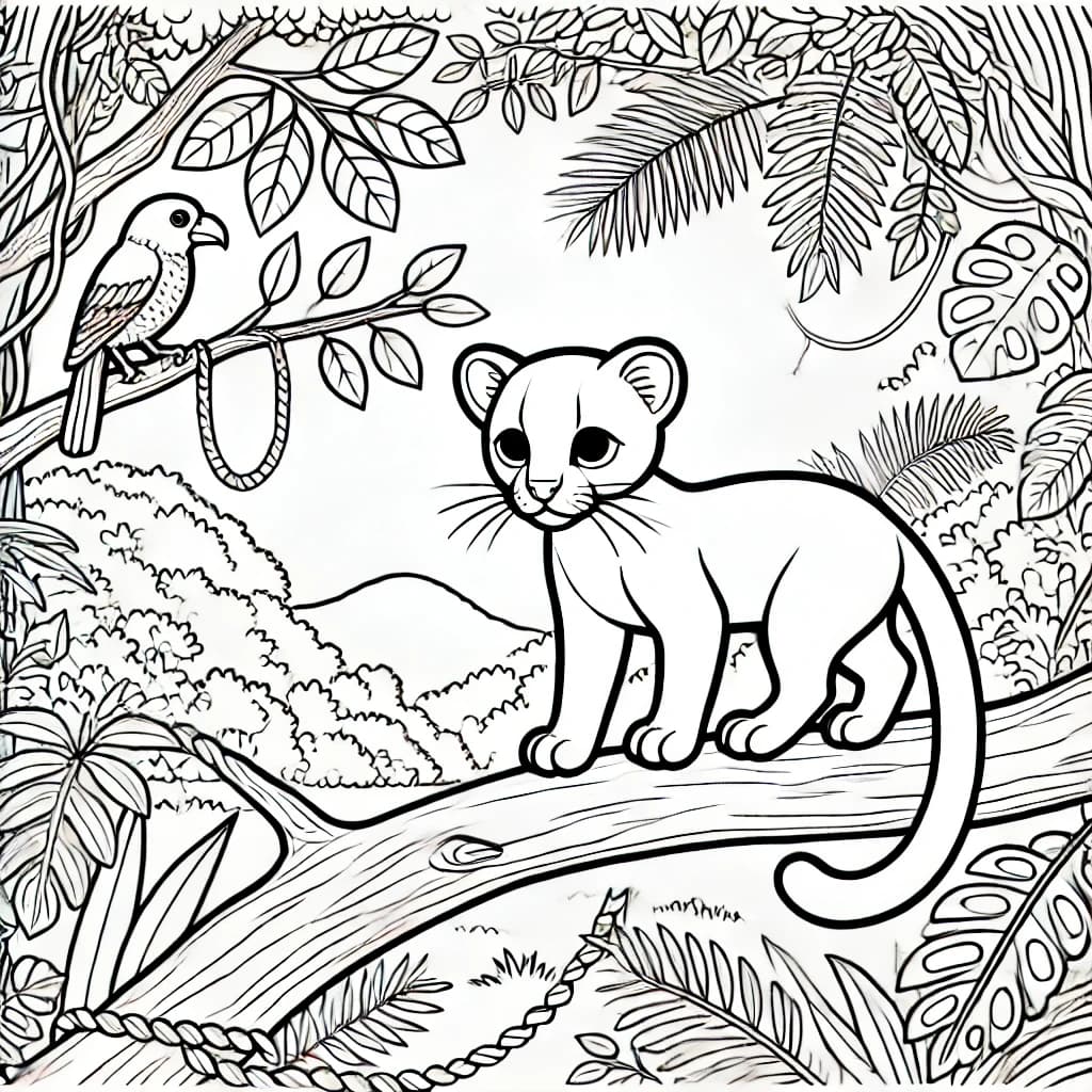 Ausmalbild - Jaguarundi im Regenwald - Jaguarundi, Wildkatze, Dschungel, Baum