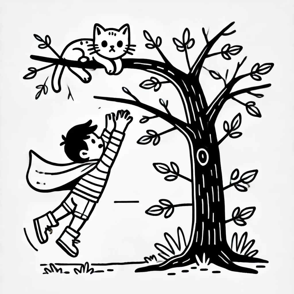 Ausmalbild - Der mutige Helfer - Held, Katze, Baum, Rettung