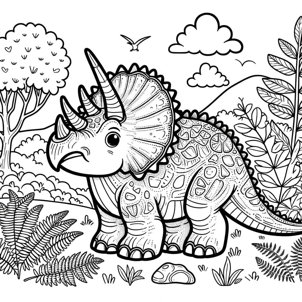 Ausmalbild - Triceratops im Urzeitwald - Triceratops, Urzeit, Dinosaurier, Fernen