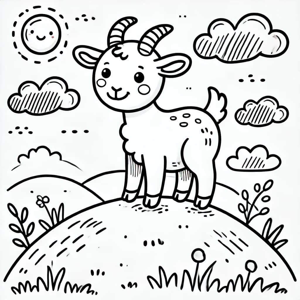 Ausmalbild - Ziege auf dem Hügel - Ziege, Bauernhof, Natur, Tiere