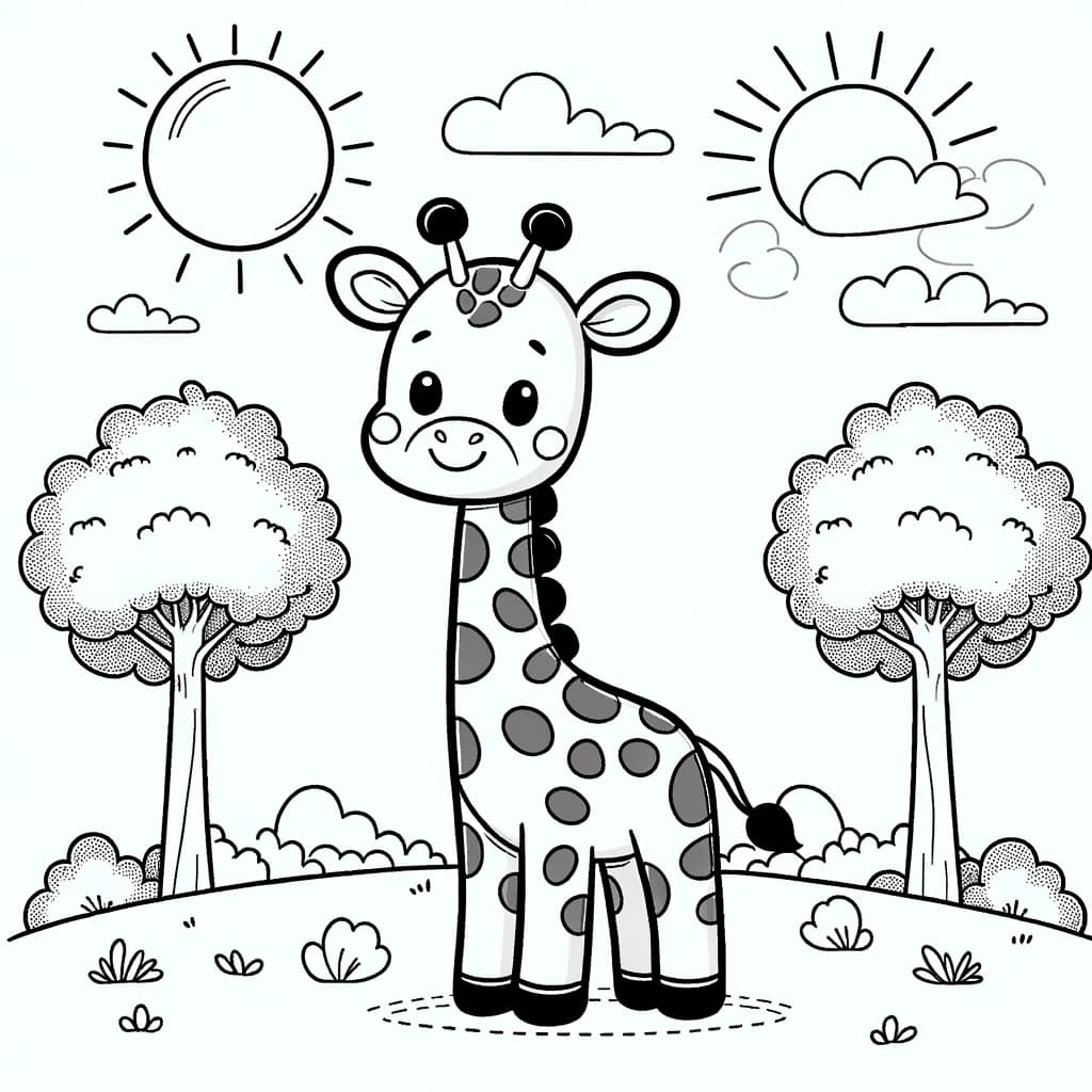 Ausmalbild - Freundliche Giraffe in der Landschaft - Giraffe, Bäume, Sonne, Landschaft