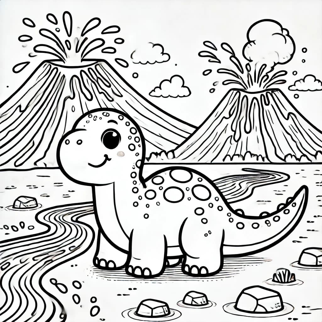 Ausmalbild - Dino und Lava - Dinosaurier, Vulkan, Lava