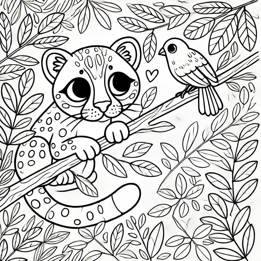 Ausmalbild - Ozelot lauert auf einen Vogel - Ozelot, Vogel, Dschungel, Blätter