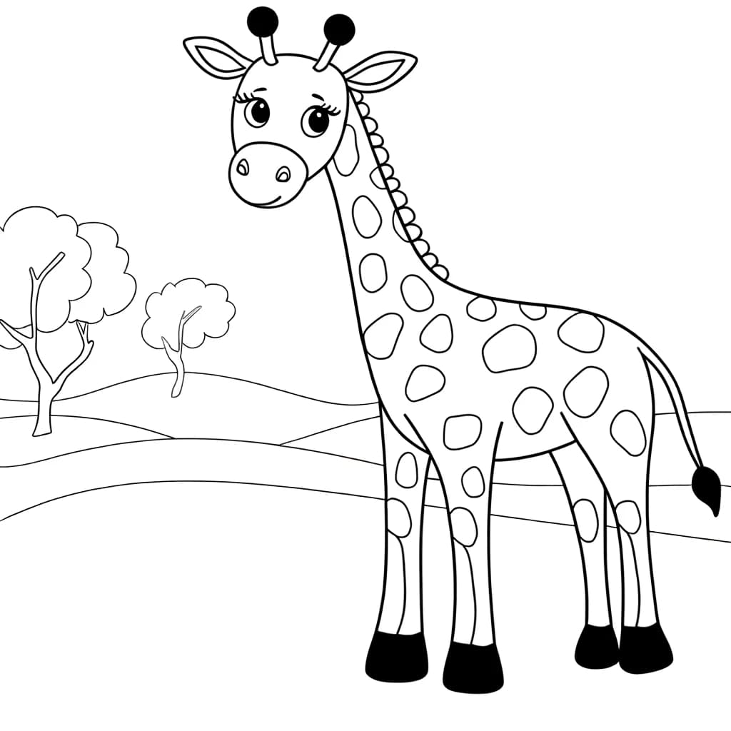 Ausmalbild - Die freundliche Giraffe - Giraffe, Baum, Natur, Tiere
