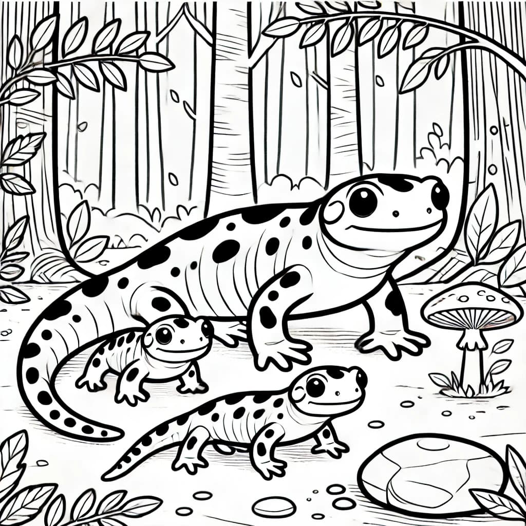 Ausmalbild - Familie Feuersalamander - Feuersalamander, Tiere, Familie, Natur