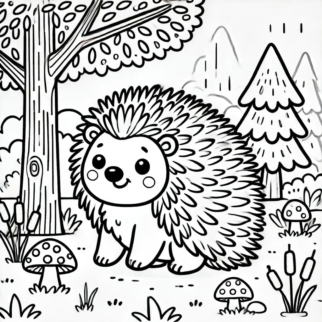 Ausmalbild - Stachelschwein im Wald - Stachelschwein, Wald, Bäume, Pilze