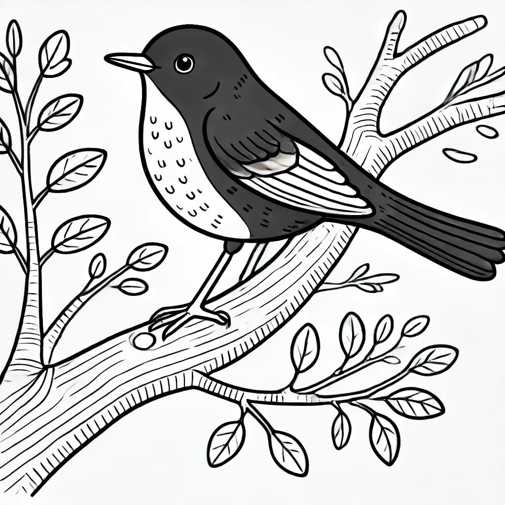 Ausmalbild - Amsel auf einem Ast - Amsel, Vogel, Ast, Natur