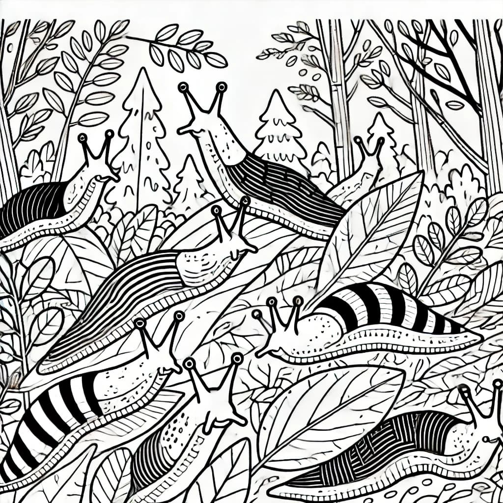 Ausmalbild - Bananenschnecken im Wald - Bananenschnecke, Wald, Natur, Wirbellose