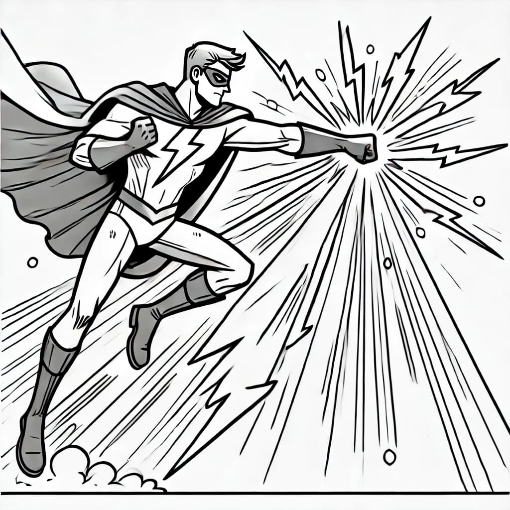 Ausmalbild - Blitzheld in Aktion - Superheld, Blitze, Magie, Energie