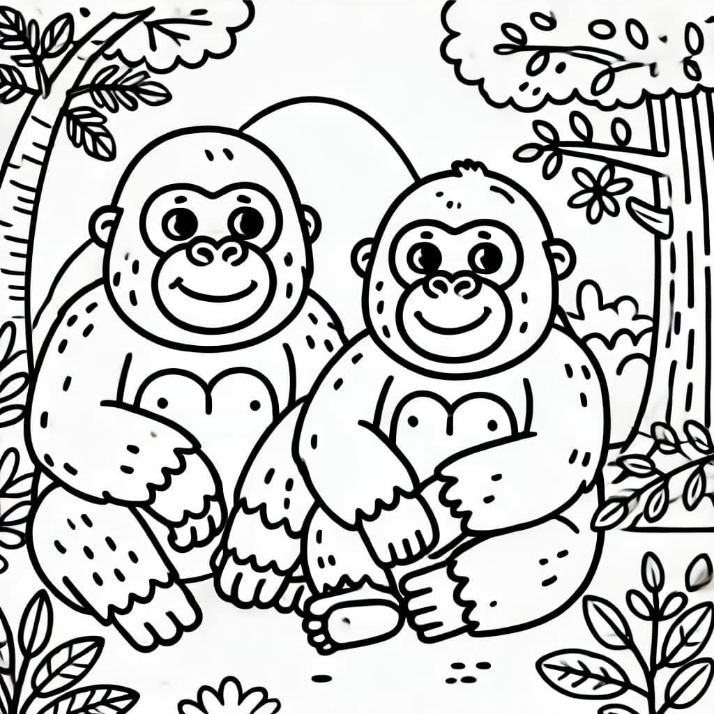 Ausmalbild - Zwei freundliche Gorillas im Dschungel - Gorilla, Dschungel, Affen, Natur