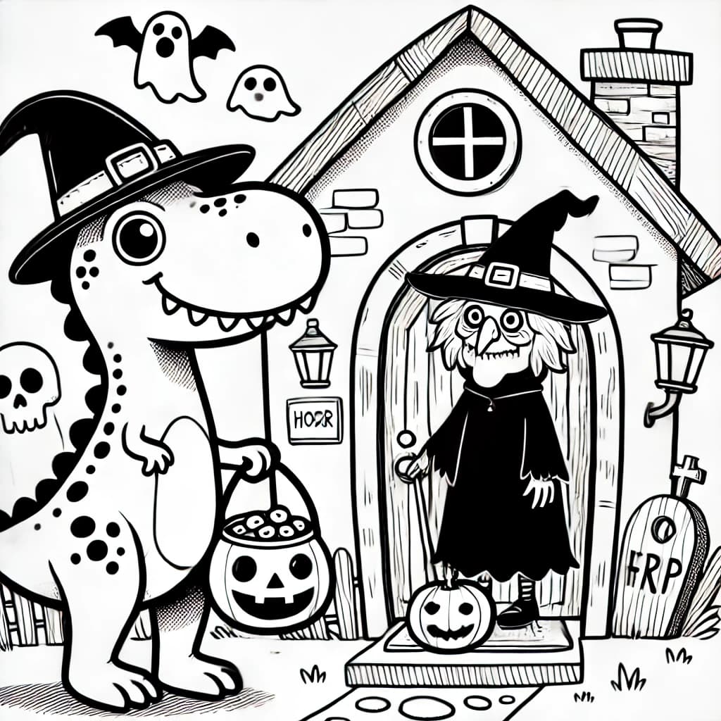 Ausmalbild - Dino an Halloween - Dinosaurier, Hexe, Halloween, Skelett