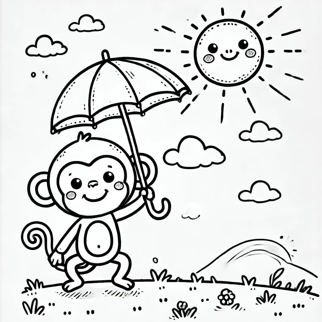 Ausmalbild - Der fröhliche Affe mit dem Regenschirm - Affe, Regenschirm, Sonne, Himmel