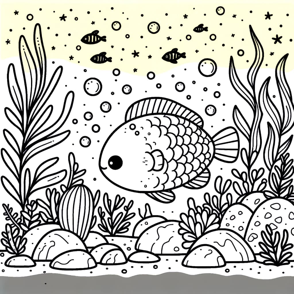 Ausmalbild - Fröhlicher Fisch im Meer - Fisch, Meer, Unterwasser, Pflanzen
