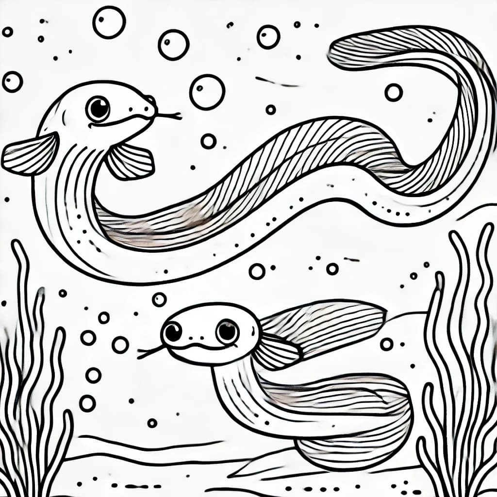 Ausmalbild - Zwei Zitteraale im Ozean - Zitteraal, Fisch, Meer, Blasen