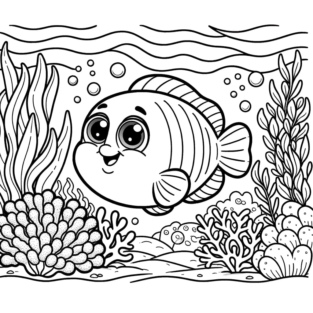 Ausmalbild - Glücklicher Fisch im Meer - Fisch, Korallen, Seetang, Unterwasser